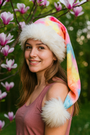 A young woman smiling outdoors in spring, wearing a colorful pastel tie-dye Santa-style hat with fluffy white faux fur trim and a large white pom-pom, standing near blooming pink magnolia flowers.