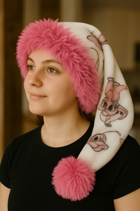 A young woman wearing a white fleece Santa-style hat decorated with pink cartoon Angel characters. The hat features a fluffy darker pink faux fur trim around the brim and a matching pom-pom at the end of the long tail, draped over her shoulder. She is indoors, wearing a black shirt, with a softly blurred background.