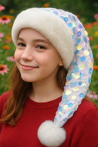 A young woman with fair skin and long brown hair stands in a vibrant flower garden wearing a festive white faux fur–trimmed hat adorned with shimmering iridescent sequins.