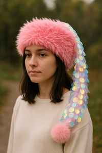 A young woman outdoors wearing a fluffy pink faux fur hat with a long iridescent sequin tail ending in a pink pom-pom, dressed in a tan sweater, standing against a blurred background of greenery and a dirt path.
