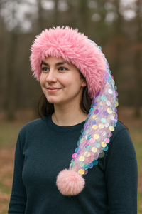 A young woman outdoors wearing a fluffy pink faux fur hat with a long, iridescent sequin tail ending in a pink pom-pom, smiling slightly against a blurred backdrop of trees.