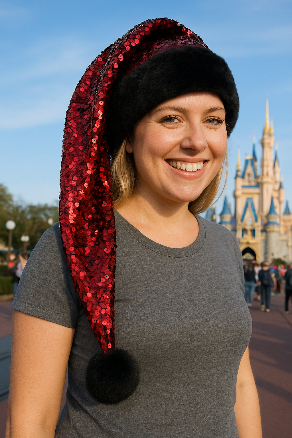 Red and Black Reversible Sequin Hat with Black