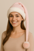 Smiling woman wearing a handmade light pink Juicy Couture holiday hat with white faux-fur trim and a fluffy pink pom-pom with a white trimmed top.