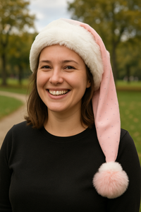 The image shows a smiling young woman standing outdoors in a park. She is wearing a festive light pink Santa-style hat with silver embellishments, trimmed with white faux fur, and finished with a fluffy pink pom accented by a small white band. She has medium-length brown hair and is dressed in a plain black sweater, with trees and a pathway softly blurred in the background.