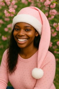 A young woman with long dark hair smiles brightly while wearing a pink Santa hat with a white fluffy rim and pom-pom, paired with a matching pink sweater. She is outdoors in a spring setting, surrounded by blooming pink flowers and greenery.