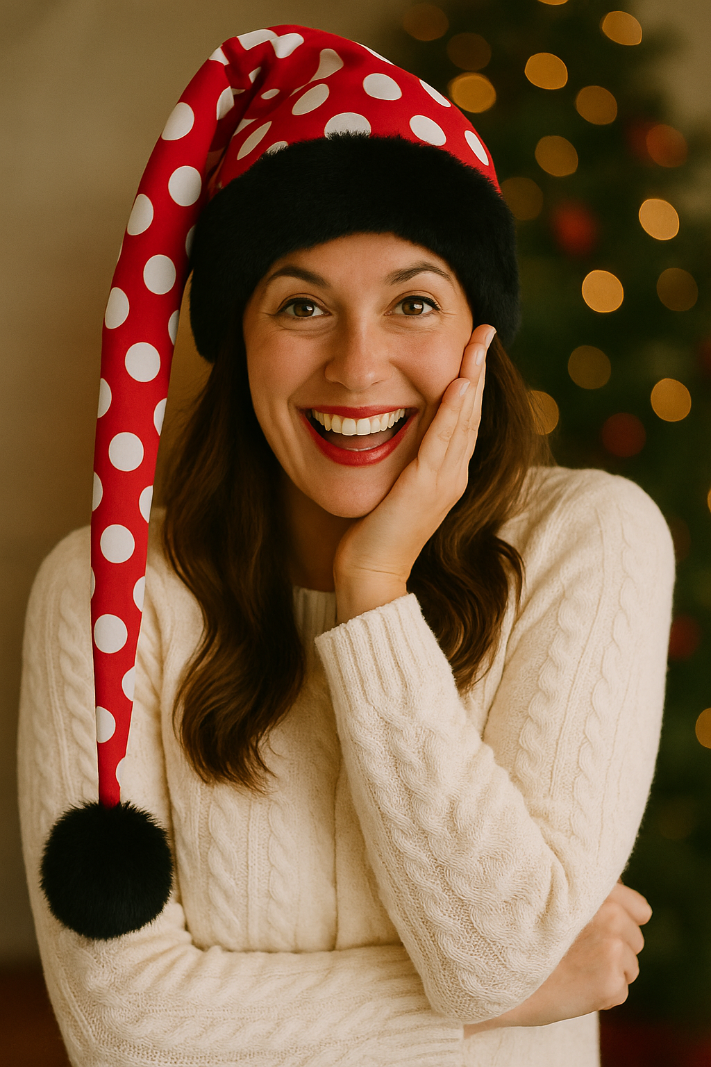 Red with White Polka Dots Hat with Black
