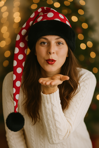 A smiling woman in a white cable-knit sweater playfully blows a kiss while wearing a long red Santa-style hat with large white polka dots, trimmed in black faux fur and ending in a black pom-pom that drapes about 8 inches below her shoulder. Warm golden holiday lights and a Christmas tree glow softly in the blurred background.