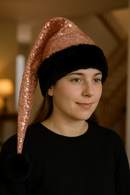 A young woman indoors wearing a rose gold sequined Santa-style hat with a black faux fur trim and a long tail that drapes down, ending in a large black pom-pom resting about 8 inches below her shoulder. She has a calm expression and is dressed in a plain black sweater, with a softly lit staircase and lamp blurred in the background.