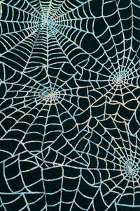 Black fabric patterned with multiple shimmering silver spiderweb designs.