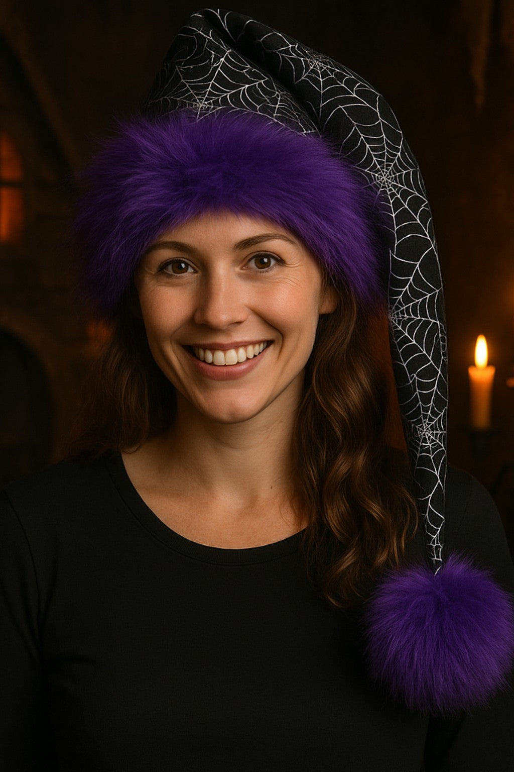 Woman wearing a spiderweb hat with a purple pom-pom against a dark background