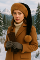 Woman standing outdoors in a snowy mountain setting, wearing a long black hat with a full mink fur trim and mink pom, camel coat, and holding brown gloves.