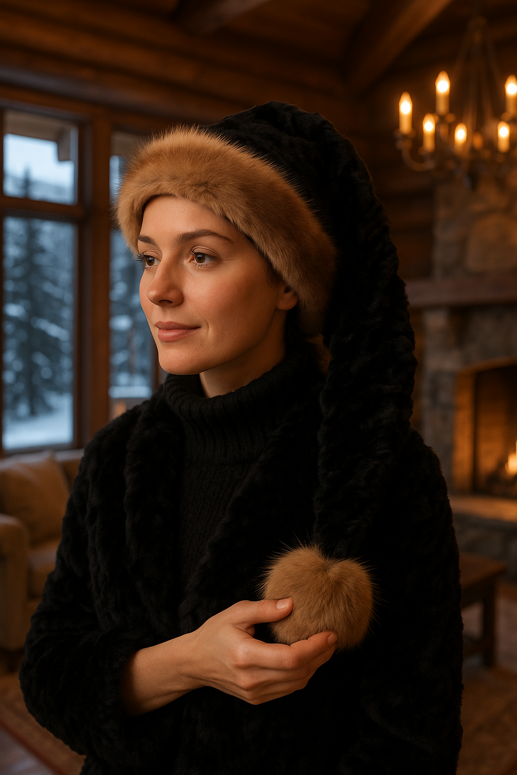 Black Velvet Hat with Real Mink
