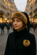 Adult wearing handmade black holiday hat with golden faux fur trim and fluffy faux fur pom-pom in a festive busy street scene.