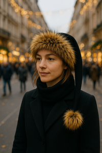 Adult wearing handmade black holiday hat with golden faux fur trim and fluffy faux fur pom-pom in a festive busy street scene.