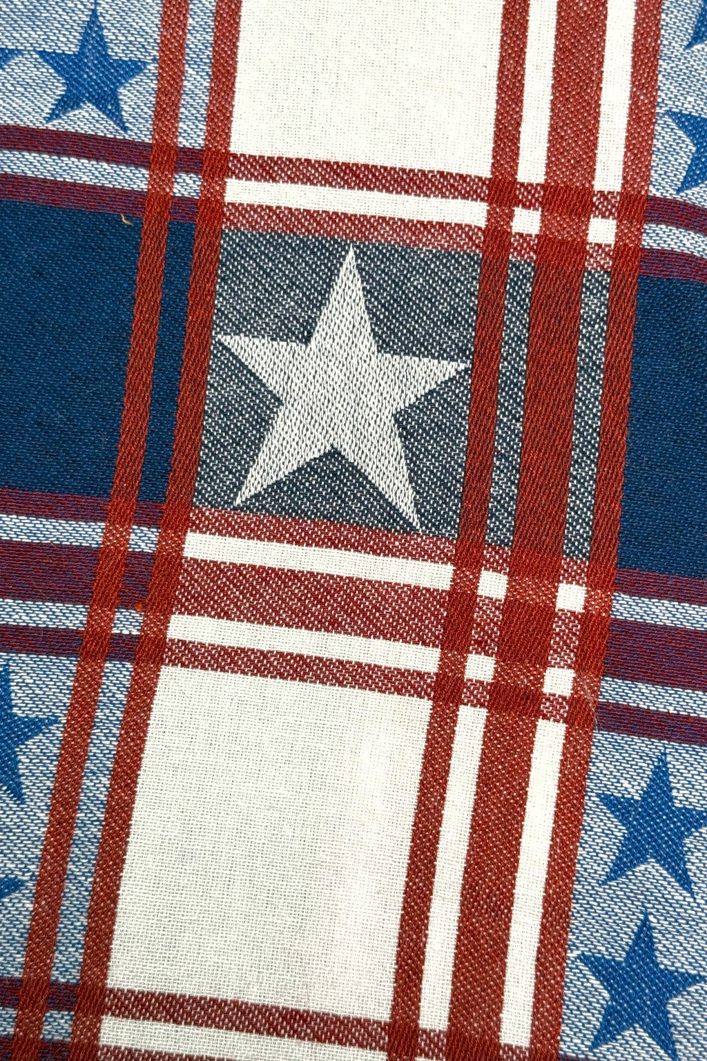 Close-up of a fabric with a patriotic design featuring red plaid stripes, white stars on blue backgrounds, and alternating blocks of solid white and patterned sections.