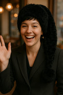 A smiling person wearing a dark suit jacket and a tall, furry black hat with a long tail ending in a pom-pom, waving with their right hand inside a warmly lit café.