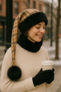 Young woman in a cream knit sweater holding a coffee cup outdoors, wearing a handmade Burberry plaid hat with black faux-fur trim, oversized black pom-pom, and a solid black faux-fur collar.