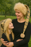 A mother and daughter standing outdoors in a park, both wearing matching beige plaid Santa-style hats with fluffy faux fur trim and pom-poms. The mother smiles down warmly at her daughter, who looks up at her with a joyful grin, as they embrace each other against a background of green trees.