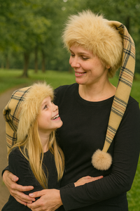 A mother and daughter standing outdoors in a park, both wearing matching beige plaid Santa-style hats with fluffy faux fur trim and pom-poms. The mother smiles down warmly at her daughter, who looks up at her with a joyful grin, as they embrace each other against a background of green trees.