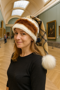 Adult wearing a handmade Burberry plaid hat with brown and white trim and a fluffy white pom-pom, standing in a museum setting.