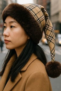Asian model wearing a handmade Burberry-style plaid hat with brown trim and brown pom-pom, standing in a busy city street.