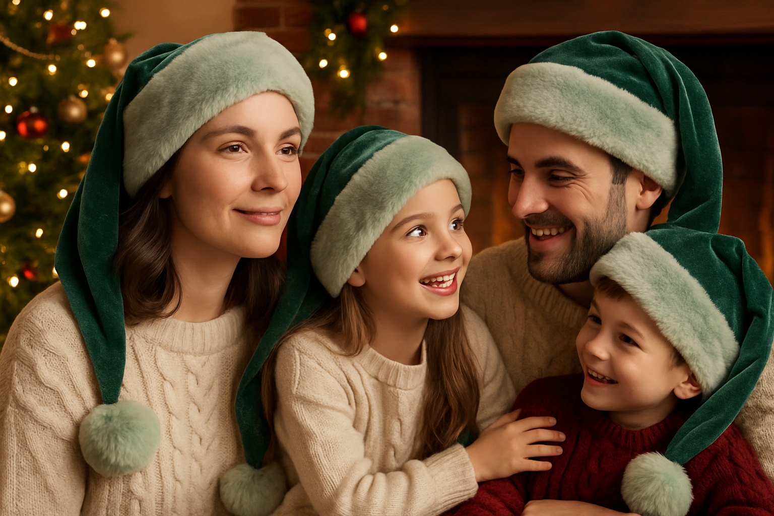 A family is sitting by a Christmas tree in front of the fire