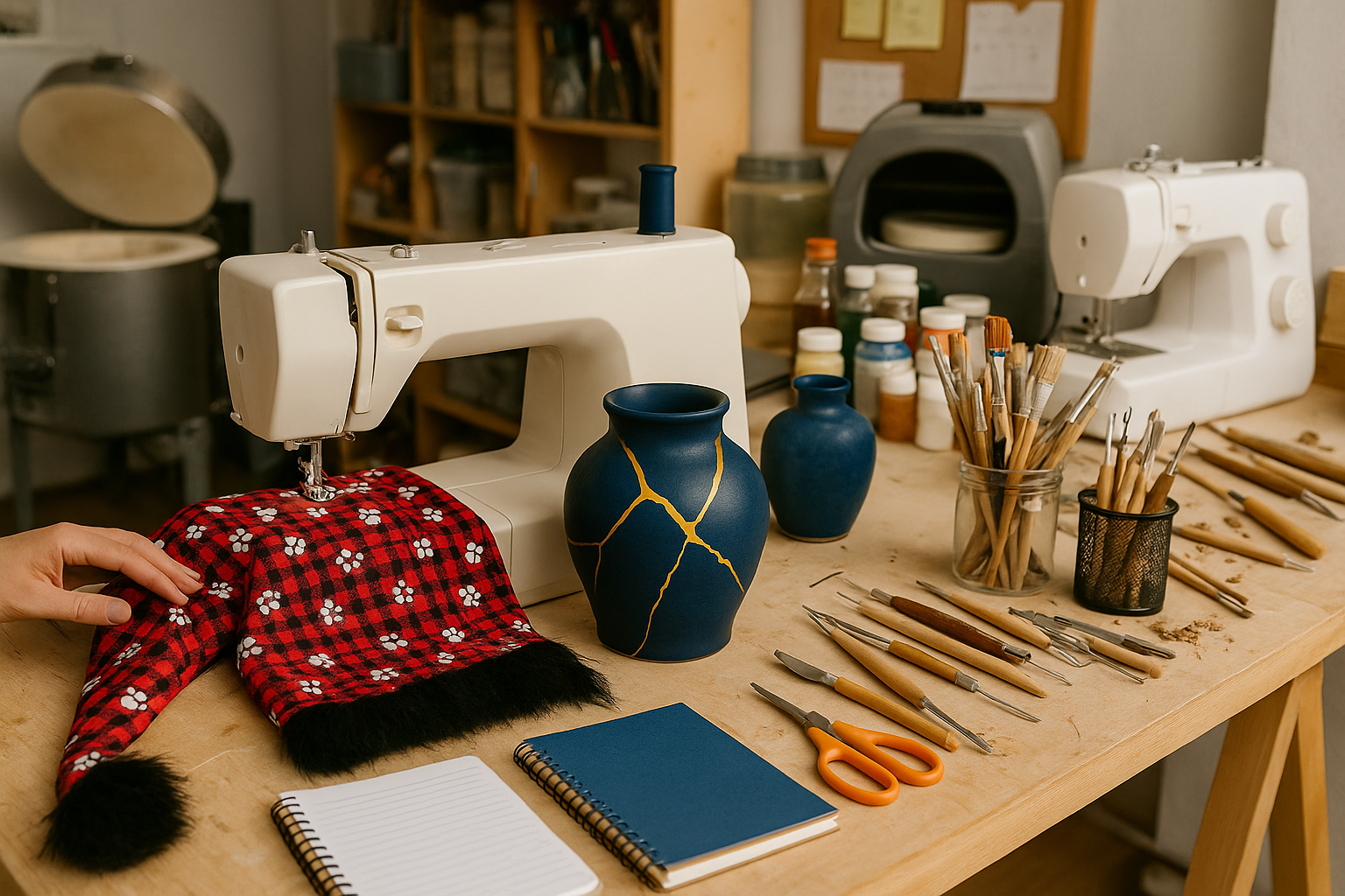 Workbench with sewing machine, tools, and materials in a workshop setting